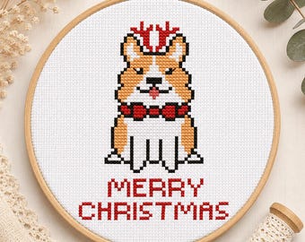 Modèle de point de croix Corgi de Noël | Renne corgi gallois amusant PDF | Téléchargement instantané