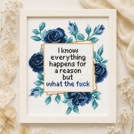 Funny Rude Cross Stitch Pattern | WTF Quote Blue Rose Floral Frame | PDF Instant Download