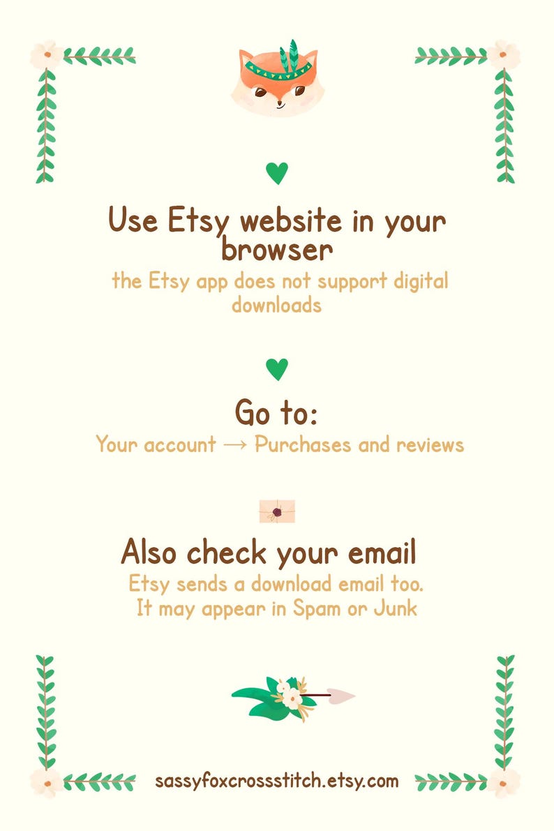May include: A light beige graphic with a cartoon fox illustration at the top. Text advises using the Etsy website in a browser for digital downloads, and to check email for downloads. The Etsy shop URL is at the bottom.