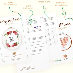 May include: A cross-stitch pattern set with instructions and a color chart. The design features a floral wreath around the text "Per my last email." Includes a list of DMC thread colors and beginner instructions. The website sassyfoxcrossstitch.etsy.com is displayed.
