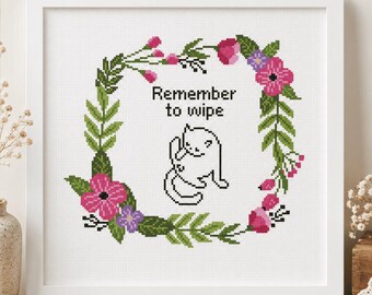 Funny Bathroom Cross Stitch Pattern | Remember to Wipe | Cat Humor PDF Instant Download