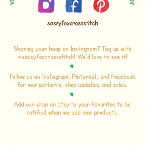 May include: Cream-colored graphic with the words "Social Media" and social media icons for Instagram, Facebook, and Pinterest. The text encourages users to share their work and follow the shop on social media.