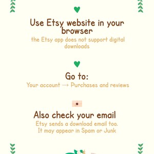 Pode incluir: Gr&aacute;fico bege claro com uma ilustra&ccedil;&atilde;o de raposa de desenho animado no topo. O texto aconselha o uso do site Etsy em um navegador para downloads digitais e verificar e-mails. O URL da loja Etsy est&aacute; na parte inferior.