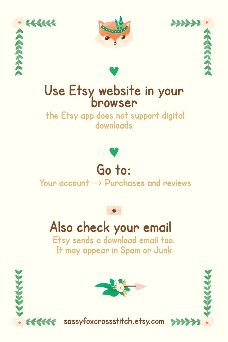 Pode incluir: Gr&aacute;fico bege claro com uma ilustra&ccedil;&atilde;o de raposa de desenho animado no topo. O texto aconselha o uso do site Etsy em um navegador para downloads digitais e verificar e-mails. O URL da loja Etsy est&aacute; na parte inferior.