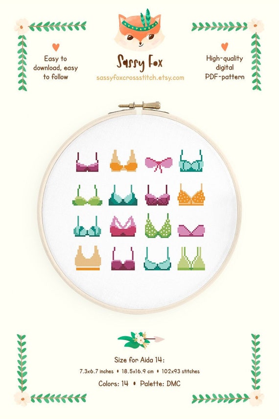 Bra Cross Stitch Pattern. Set of Tiny Bras Chart. Women's Lingerie Xstitch.  Instant Download PDF 395 
