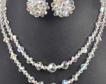 Vintage Aurora Borealis Crystal Double Strand Bead Necklace & Clip On Earrings