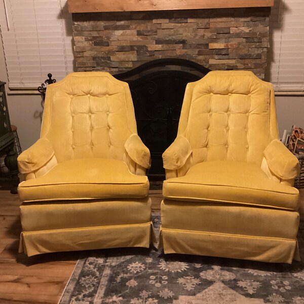 Comfy Vintage Mid Century Yellow High Back Tufted Lounge Arm Chairs- Pair/ Rocking Chairs