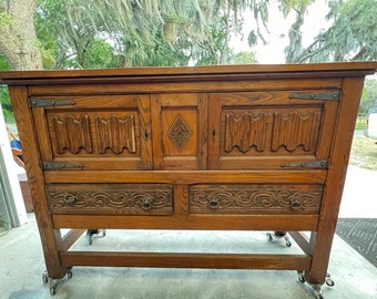 Antique Vintage Gothic Revival Sideboard/ Credenza / Hand Carved details/ Two Doors/ Two Drawers/ Oak Buffet