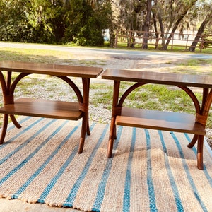 Pair of Rattan Bamboo Two Tiered side tables, MidCentury side tables, MidCentury tops, rattan bamboo, living room tables/ porch tables/