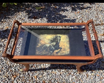 Vintage Beautiful Wood Carved Glass coffee Table with Brass feet/ decoupage horse/ antique table / glass table/ wood table