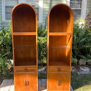 Pair Of Mid Century Arched Thomasville Bookcases/ cabinet/ drawer/ shelves/ Set of Two