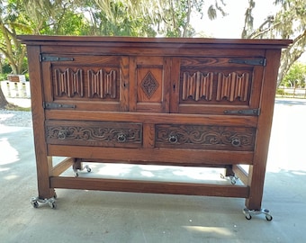 Antique Vintage Gothic Revival Sideboard/ Credenza / Hand Carved details/ Two Doors/ Two Drawers/ Oak Buffet/Grand Rapids