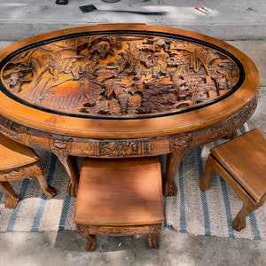 Vintage Asian Highly Carved Oval Coffee table with six nesting stools / table/ oval coffee table/ tea table