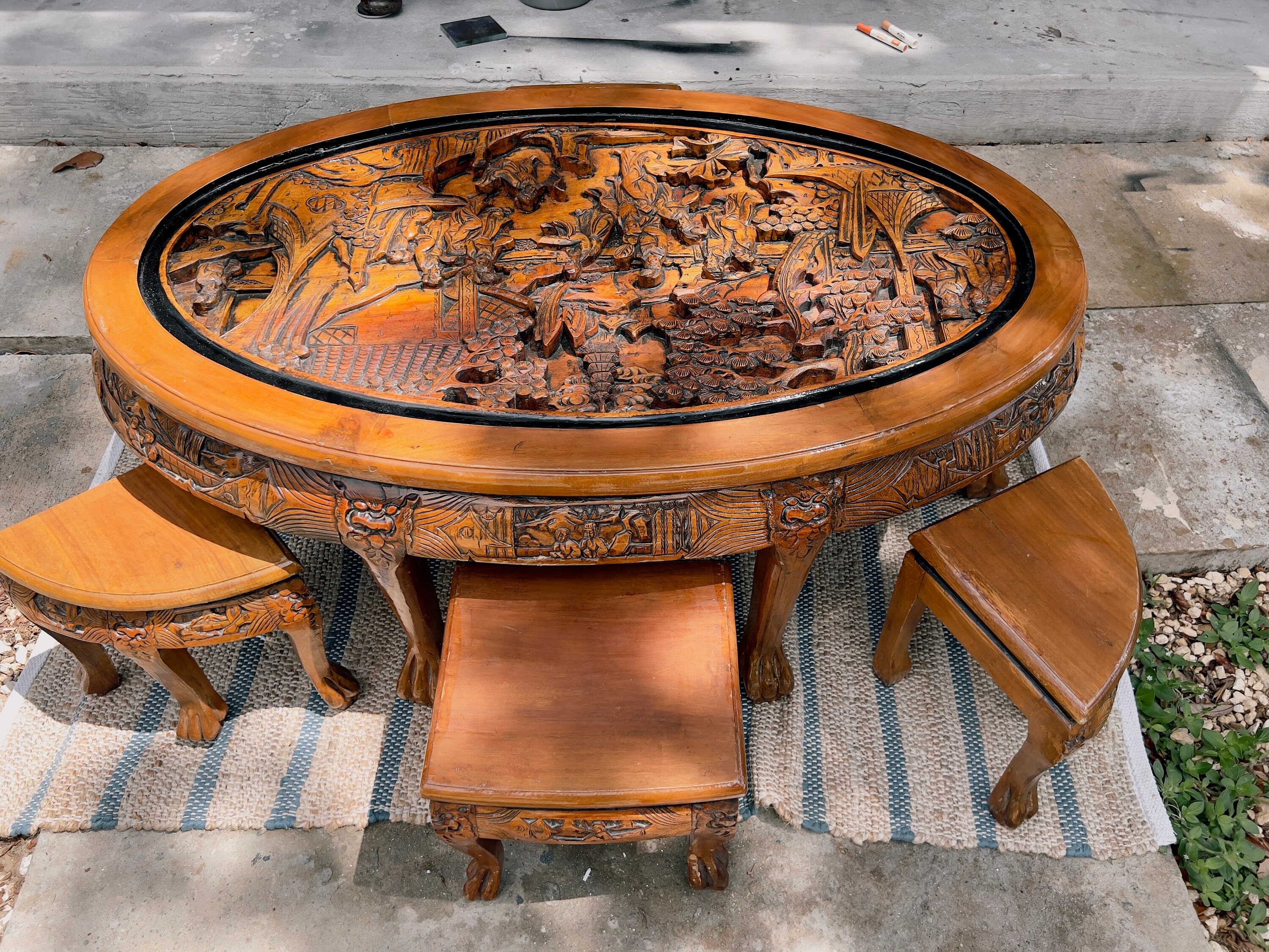 Vintage Asian Highly Carved Oval Coffee Table With Six Nesting Stools Table Oval Coffee Table Tea Table Etsy