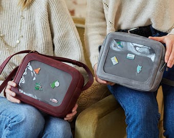 Personalized Leather ITA Bag: Adjustable Strap Pin Display Crossbody Purse, Multi-Way Collectibles Cosplay Bag