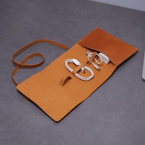 Leather Cord Organizer Roll. Travel Cable Organizer Case for Charger. Leather Charger Holder. Travel Electronics Bag. Tech & Travel Gift