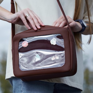 Stylish Leather ITA Purse with Pin Display Panel. Small Shoulder Bag for Pin Collectors. Personalized Crossbody ITA purse. Gift for her