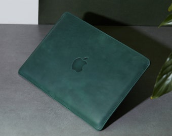 MacBook Air 13 M1/M2 Leather Case, Gray / Green Pro 14 inch sleeve personalized, custom monogram MacBook Air 13 2023 leather case cover