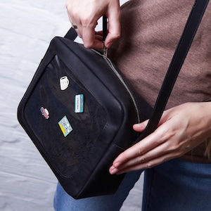 Real Leather ITA Bag with Pin Display. Classic Small ITA Crossbody Purse Satchel. Black Compact Pin Display Bag. Shoulder Bag Window Purse