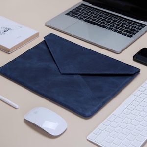 Blue Leather Case for MacBook Air & Pro. Work Laptop 13-16&quot; Sleeve. Custom MacBook Pro Case M4. Leather Slim Cover. Gift for Husband or Dad