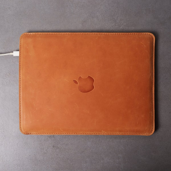 Premium Leather MacBook Air 15 M2 Sleeve - Vertical Carry Case with Apple Logo - MacBook Pro 14 Sleeve - Genuine Leather -21st Birthday Gift