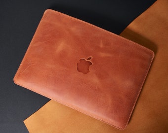 Housse en cuir pour ordinateur portable MacBook Pro / Air 13" 15" 16", étui en cuir pour ordinateur portable, pochette personnalisée pour ordinateur portable, pochette enveloppe, monogramme lui offre des cadeaux