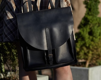 Black Leather Backpack : Minimal Everyday Rucksack for Work & Travel – Free Personalization