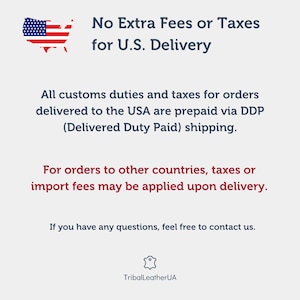 The image is a text-based representation of a message that states "No Extra fees or taxes for U.S. Delivery" and provides information about customs duties and taxes for orders delivered to the USA. It also mentions that for orders to other countries, taxes or import fees may be applied upon delivery. The message encourages contacting TriballeseUAA for any questions.