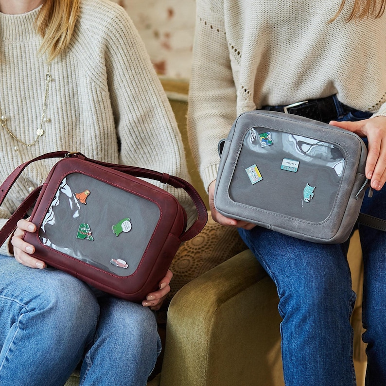 Personalized Leather ITA Bag: Adjustable Strap Pin Display Crossbody Purse, Multi-Way Collectibles Cosplay Bag