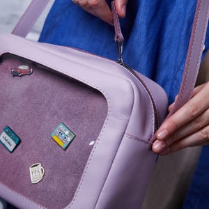 Purple Leather ITA Crossbody Bag. Cute Shoulder Bag Window Purse with Personalization. Compact Pin Display Bag. Kawaii Gift Idea.