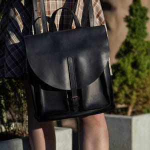 Black Leather Backpack : Minimal Everyday Rucksack for Work & Travel – Free Personalization