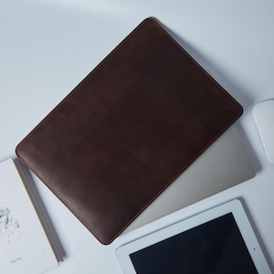 Brown Leather MacBook Case for Air M4, Pro 13/15/16. Personalized Laptop Sleeve with Embossing. Anniversary Gift for Him or Her