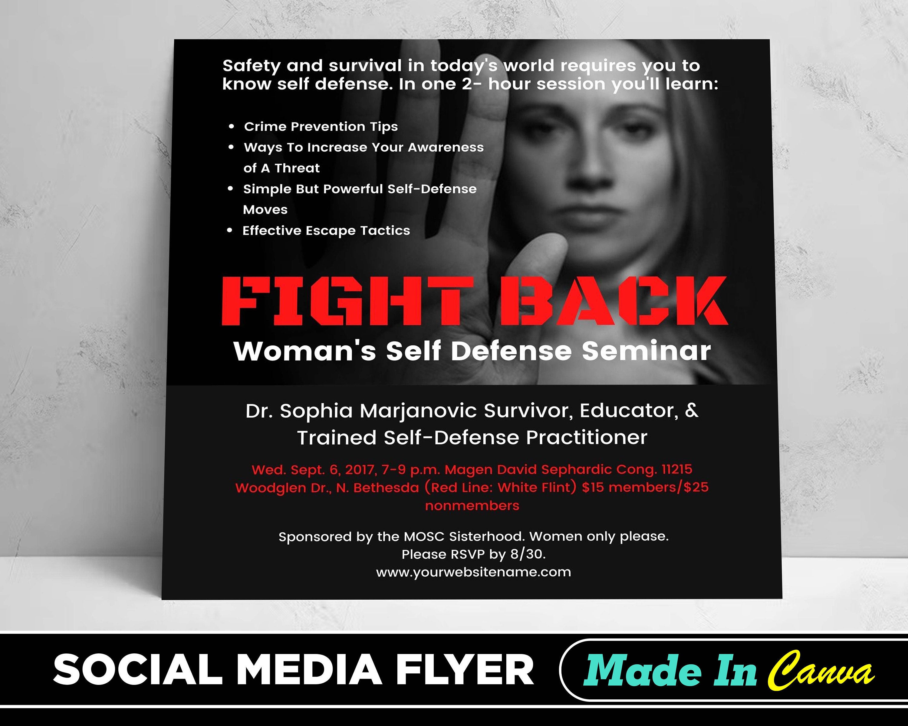 Woman Self Defense Flyer, DIY Canva Woman Self Defense Flyer Template