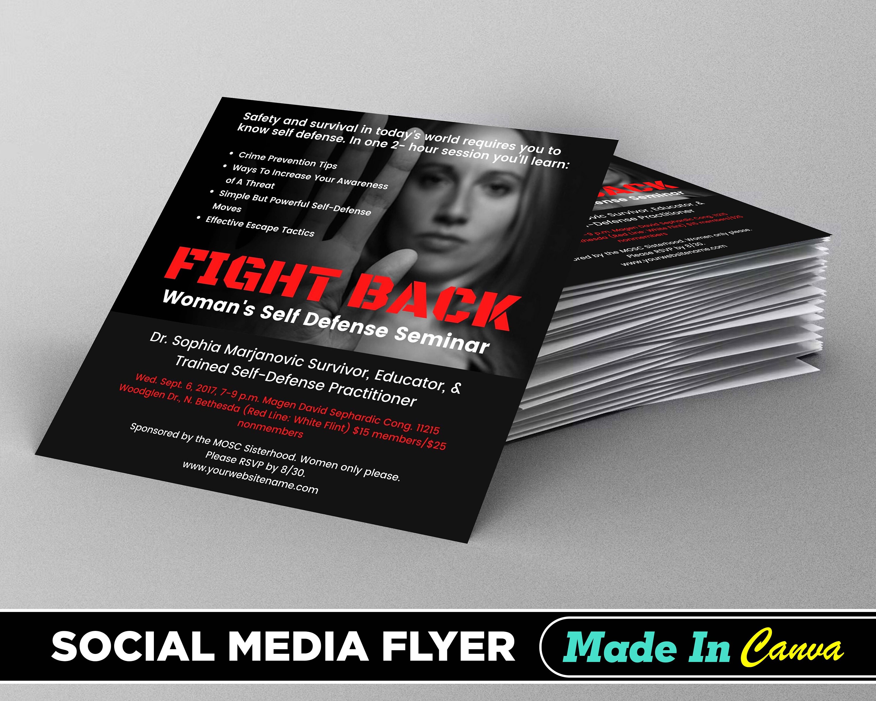 Woman Self Defense Flyer, DIY Canva Woman Self Defense Flyer Template