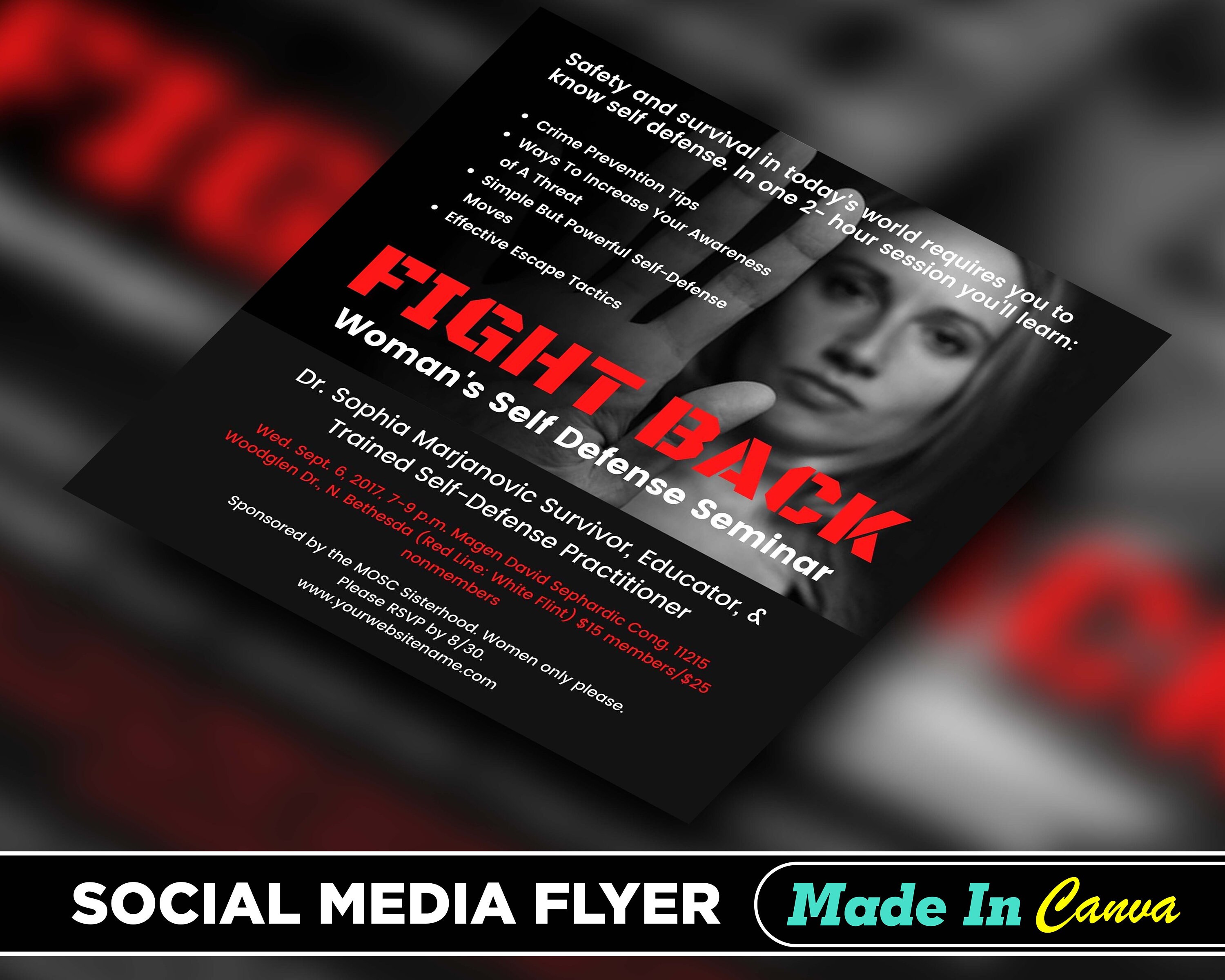 Woman Self Defense Flyer, DIY Canva Woman Self Defense Flyer Template