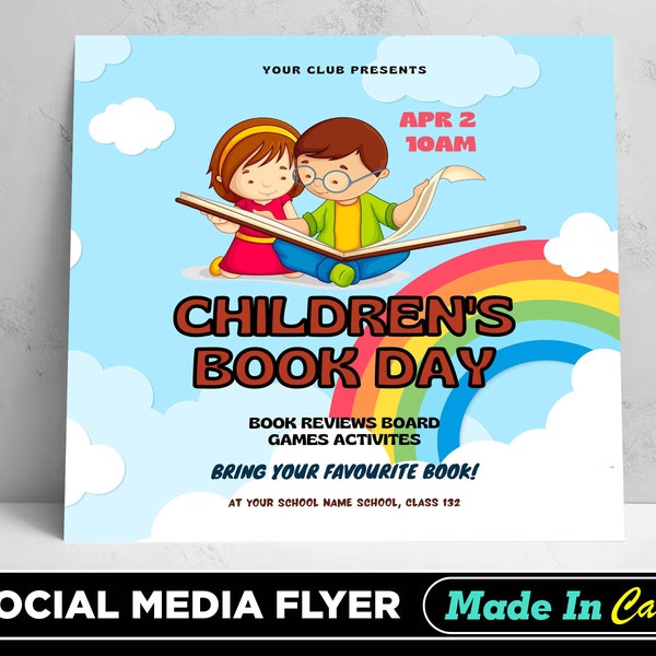 Children's Book Day Flyer, DIY Canva Children's Book Day Flyer Template 2022, Editable Social Media Flyer Template for Children's Book Day