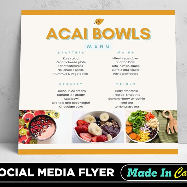 Acai Bowls Flyer, DIY Canva Acai Bowls Flyer Vorlage 2022, bearbeitbare Social Media Vorlage für Acai Bowls