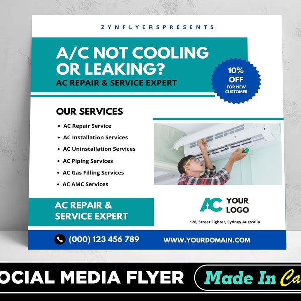 Air Conditioning Repair Flyer, DIY Canva Air Conditioning Template 2022, Editable Canva Social Media Flyer Template for Air Conditioning