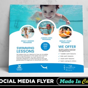 Swim Lessons Flyer, DIY Canva Swim Lessons Flyer Template, Editable Canva Social Media Flyer Template for Swim Lessons