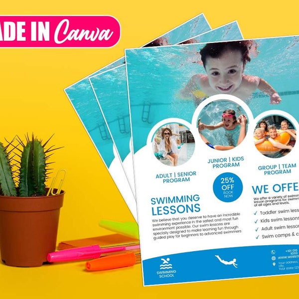 Swim Lessons Flyer, DIY Canva Swim Lessons Flyer Template 2022, Editable Canva US Letter Size Flyer Template for Swim Lessons