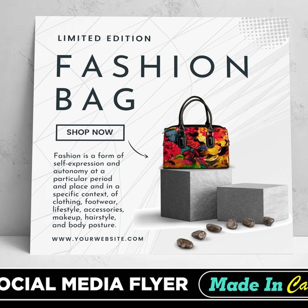 Fashion Bag Flyer, DIY Canva Fashion Bag Flyer Template 2022, Editable Social Media Flyer Template for Fashion Bag