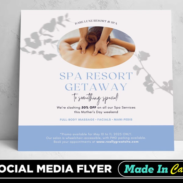 Spa Resort Getaway Flyer, DIY Canva Spa Resort Getaway Flyer Template 2022, Editable Social Media Flyer Template for Spa Resort Getaway