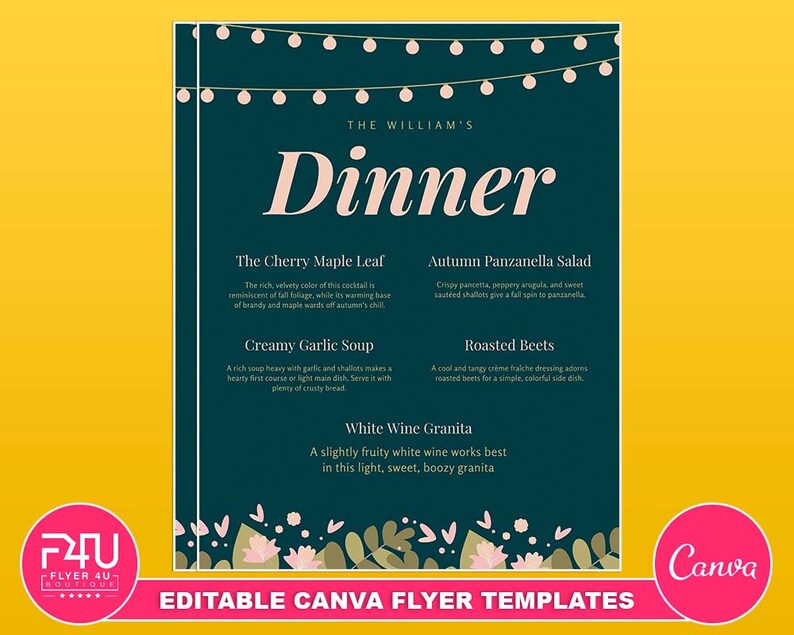 Dinner Flyer, DIY Canva Dinner Templates, Editable Canva US Letter Size