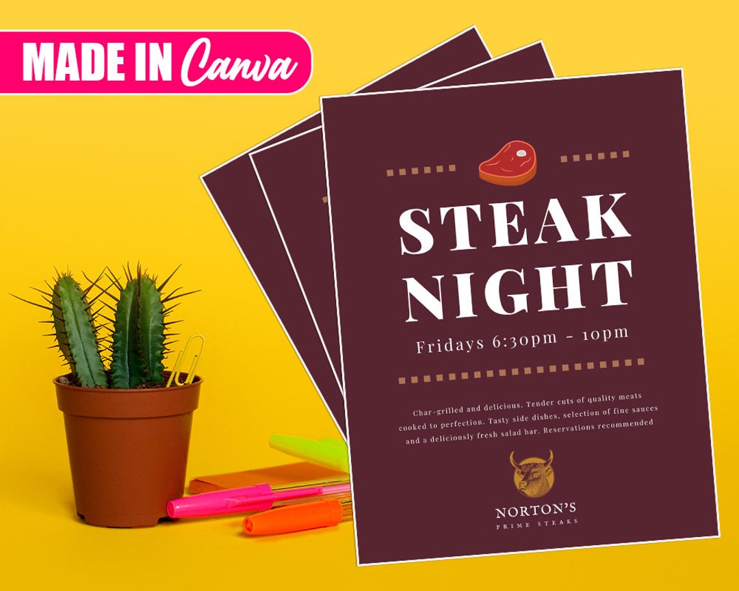Steak Night Flyer, DIY Canva Steak Night Flyer, Editable Canva US