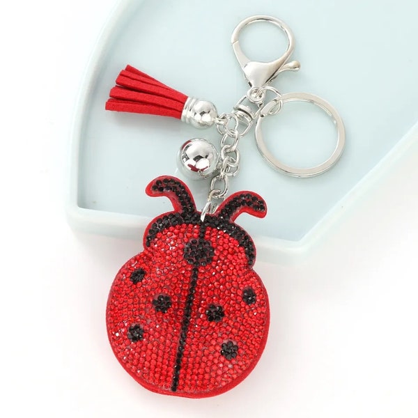 Ladybird Keyring Lady Bug Keychain Crystal Rhinestone Faux Suede Red Black Cool Cute Fun Sparkly Bag Hang Purse Tag Tassel Zipper Tag