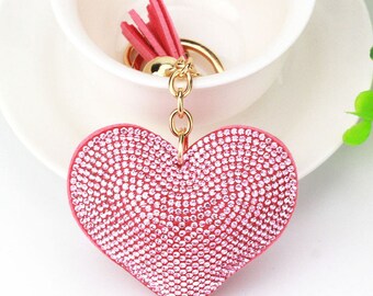 Heart Keyring Keychain Crystal Rhinestone Faux Suede Cool Sparkly Bag Hang Purse Tag Red Pink Gold White Black Grey Purple Bling