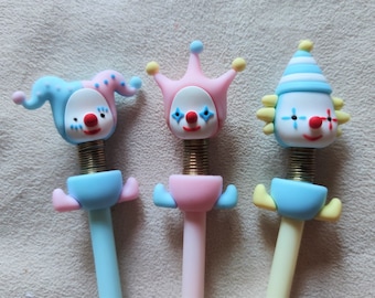 Bobbly Head Pen Clown Pen Jester Pen Joker Pen Wobbly Head Pen Circus Blue Pink Yellow Fun Home School Office Party Free Refill Included