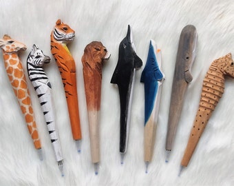 Hand  Carved Wood Pen Hand Painted Wood Pen Giraffe Zebra Tiger Lion Dolphin Shark Whale Seahorse Jungle Safari Ocean Sea Life Eco-friendly