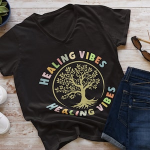 healing vibes shirt for women v-neck t-shirt, yoga workout clothing, meditation shirt, mindfulness gifts, wellness tshirt energy healer gift