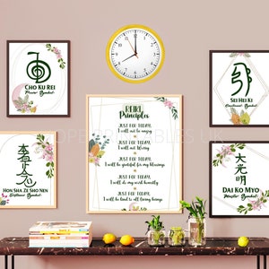 May include: A set of eight printable wall art prints featuring Reiki symbols and principles. The prints are framed in black frames and have a white background with floral accents. The prints include the symbols Cho Ku Rei, Sei Hei Ki, Hon Sha Ze Sho Nen, and Dai Ko Myo, as well as the Reiki principles.